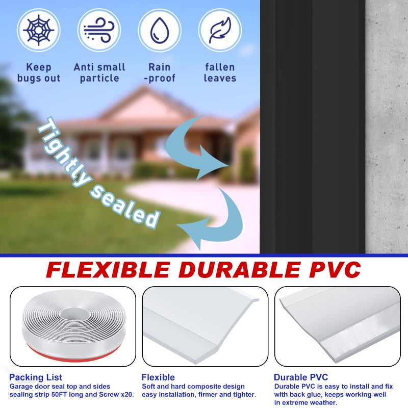 نوجو شريط مانع لتسرب الماء لأبواب المرآب، شريط مانع للتسرب من الأعلى والجوانب، شريط مانع لتسرب الماء لأبواب المرآب من مادة PVC مع براغي (أبيض، 50 قدمًا) - Image 2